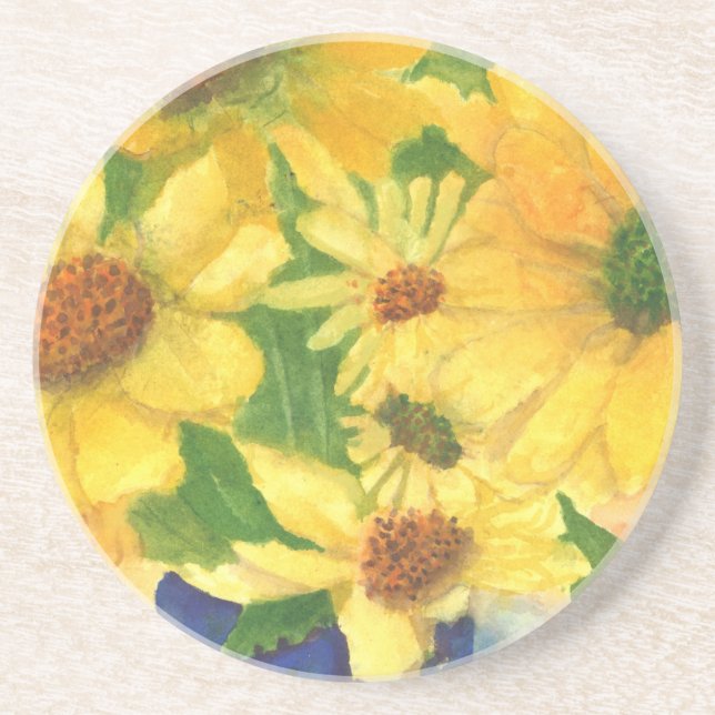Dessous De Verre En Grès marguerites jaunes dans vase bleu (Devant)
