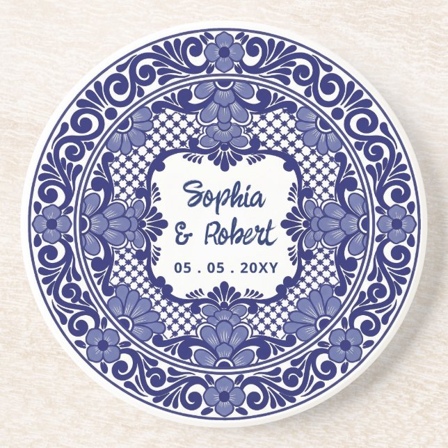 Dessous De Verre En Grès Mariage à la Talavera Bleue Mexicaine (Devant)