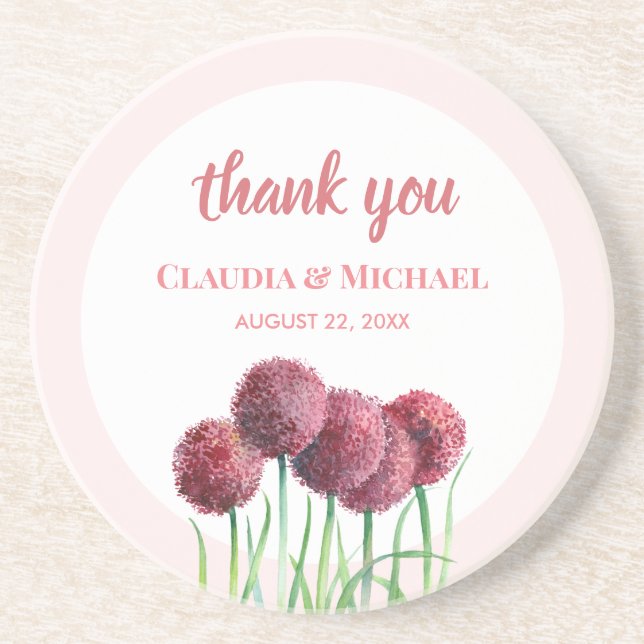 Dessous De Verre En Grès Mariage Alliums Fleur Rose Violet Aquarelle (Devant)