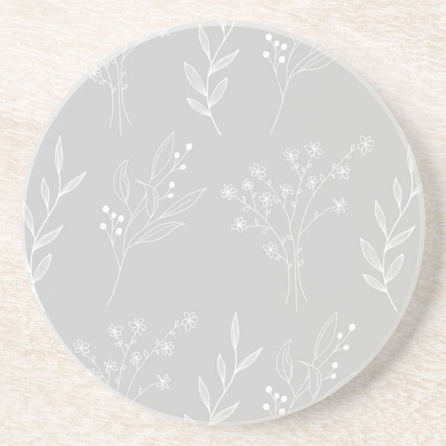 Dessous De Verre En Grès Mariage Bohème Floral Blanc Argenté (Devant)