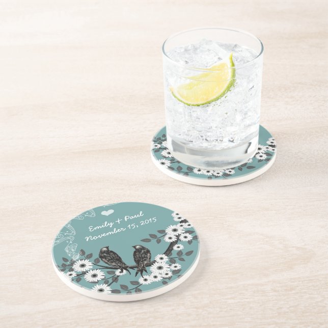 Dessous De Verre En Grès Mariage d'oiseaux amoureux de la forêt enchantée (Côté)