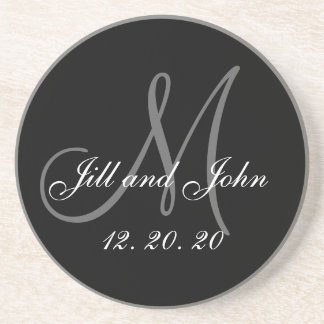 Dessous De Verre En Grès Mariage élégant gris noir de monogramme