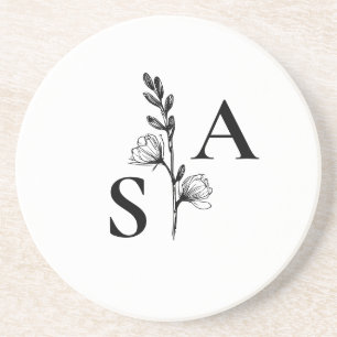 Dessous De Verre En Grès Mariage Fleur sauvage minimaliste BW Monogram