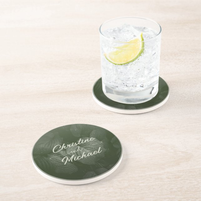 Dessous De Verre En Grès Mariage printanier élégant avec feuilles vertes (Côté)