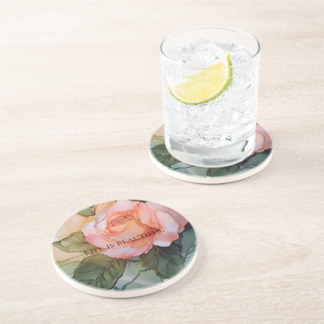 Dessous De Verre En Grès Mariage Romantique aux Pêches et Roses Fleuries (Côté)