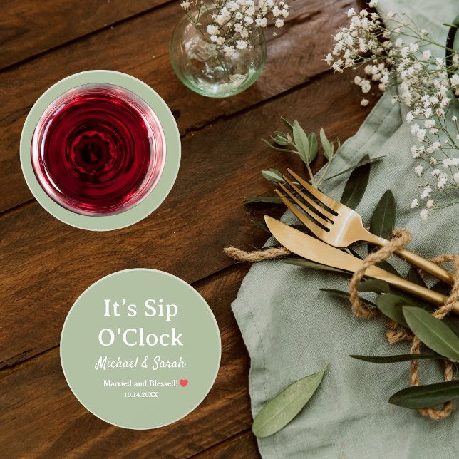 Dessous De Verre En Grès Mariage Rustique Vert Sauge C'est l'Heure de Boire (Créateur téléchargé)