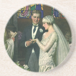 Dessous De Verre En Grès Mariage Vintage, Mariée et Marié avec Ménorah