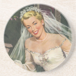 Dessous De Verre En Grès Mariage Vintage, Mariée Rétro avec Fille aux Fleur