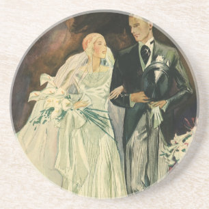 Dessous De Verre En Grès Mariés de mariage Art Déco vintage