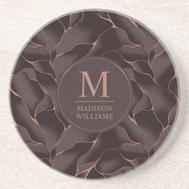 Dessous De Verre En Grès Marron Chocolat & Or Rose Motif Vague Abstrait (Devant)