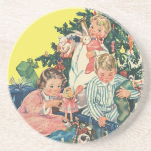 Dessous De Verre En Grès Matin de Noël vintage, enfants ouvrant des cadeaux