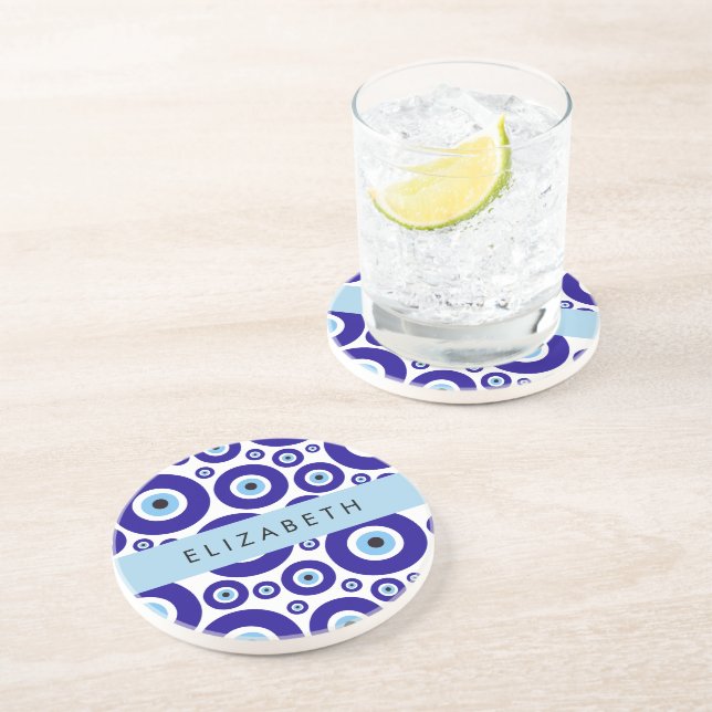Dessous De Verre En Grès Mauvais Œil, Œil Grec, Œil Turc, Mati, Votre Nom (Côté)