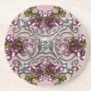 Dessous De Verre En Grès Médaille d'argent Roses Violettes Grès Vintage