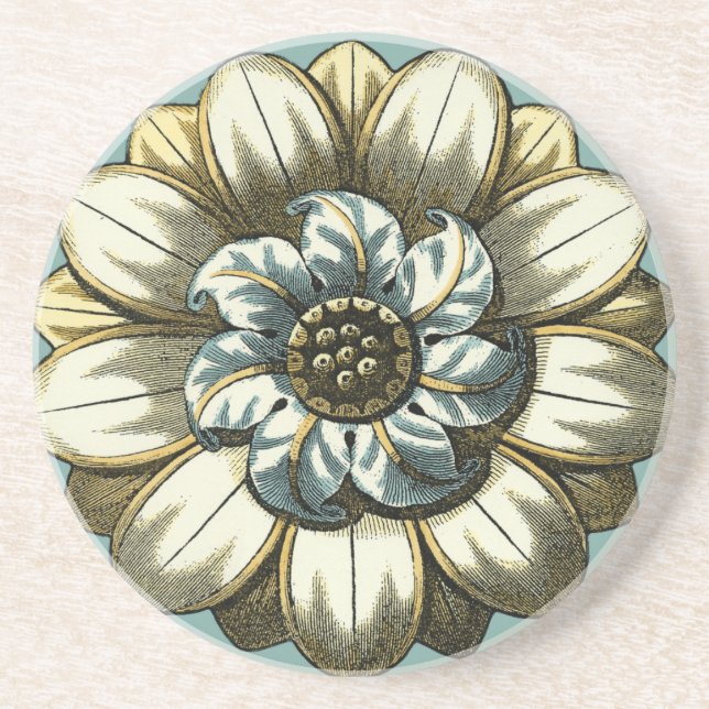 Dessous De Verre En Grès Médaillon floral orné sur Arrière - plan bleu clai (Devant)