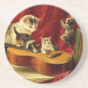 Dessous De Verre En Grès Mère Chat et chatons Jouer avec la guitare