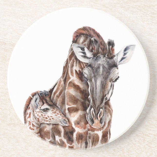 Dessous De Verre En Grès Mère Giraffe avec Bébé Giraffe (Devant)