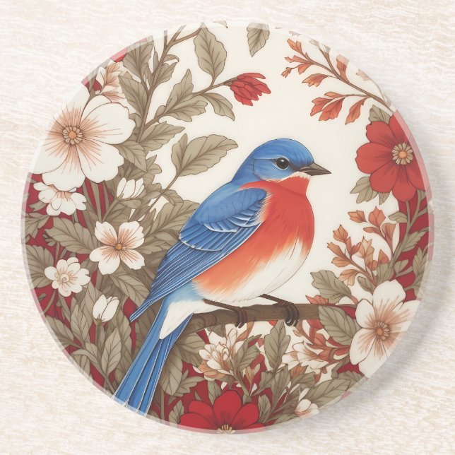 Dessous De Verre En Grès Merlebleu de l'Est Fleurs Rouges  (Devant)
