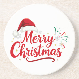 Dessous De Verre En Grès Merry Christmas Typography with Santa Hat and Snow