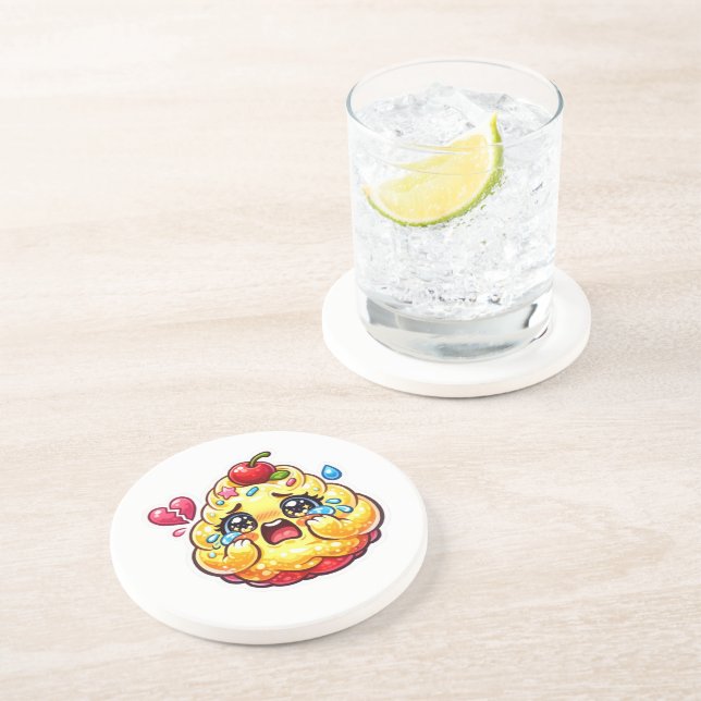 Dessous De Verre En Grès Mignon Cupcake Kawaii Triste qui Pleure avec un Au (Côté)