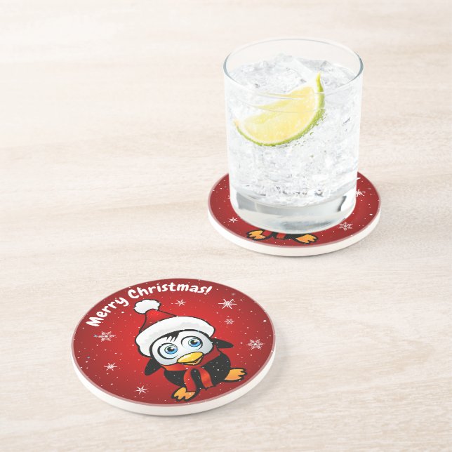 Dessous De Verre En Grès Mignon Manchot Avec Chapeau De Père Noël (Côté)