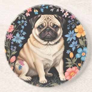 Dessous De Verre En Grès Mignon Pug Élégant Floral Coloré