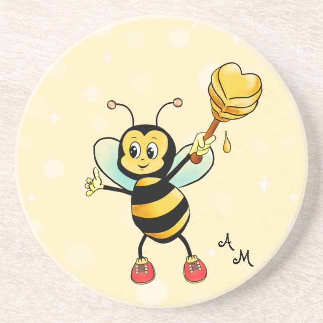 Dessous De Verre En Grès Mignonne abeille à miel et monogramme sur fond jau (Devant)