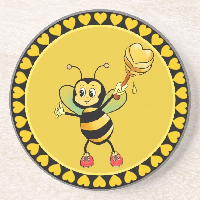 Dessous De Verre En Grès Mignonne abeille bourdon et cœurs sur fond noir et (Devant)