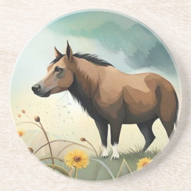 Dessous De Verre En Grès Mignonne poney brun dans le champ floral (Devant)