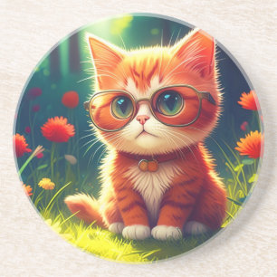 Dessous De Verre En Grès Mignonne Red Kitten Portant des lunettes-365478