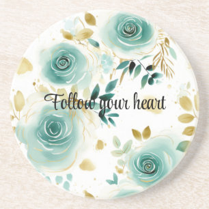 Dessous De Verre En Grès Mint Vert Blanc or Rose Floral