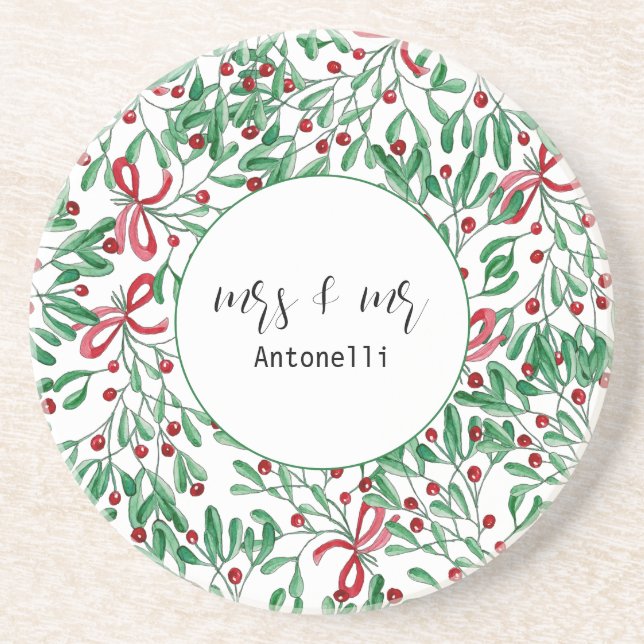 Dessous De Verre En Grès Mistletoe rustique mignon aquarelle peinte à la ma (Devant)