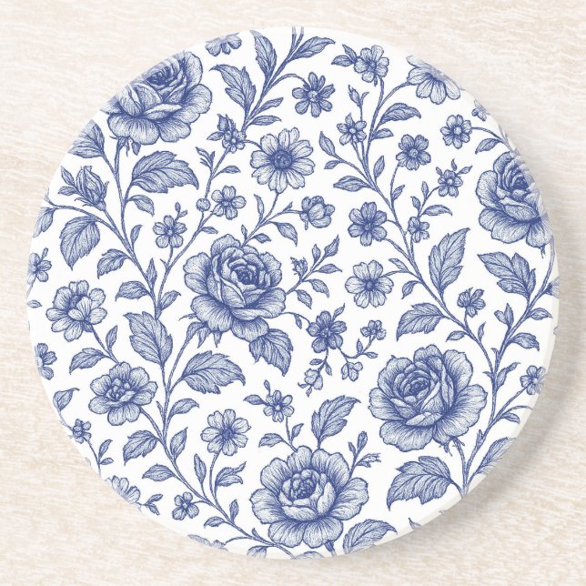 Dessous De Verre En Grès Modèle Floral Royal Bleu Rose (Devant)