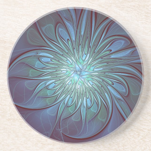 Dessous De Verre En Grès Moderne Abstrait tendance Fleur bleue Fractal Art (Devant)