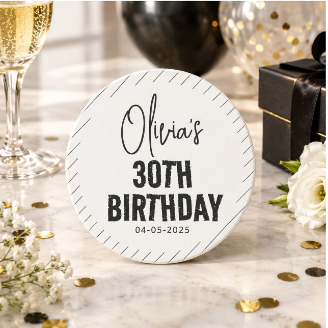 Dessous De Verre En Grès Moderne Anniversaire 30 Ans Écriture Noire Chic &  (Modern Black Script 30th Birthday Chic & Minimalis Coaster)