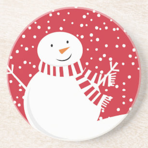 Dessous De Verre En Grès moderne contemporain rouge et blanc snowman