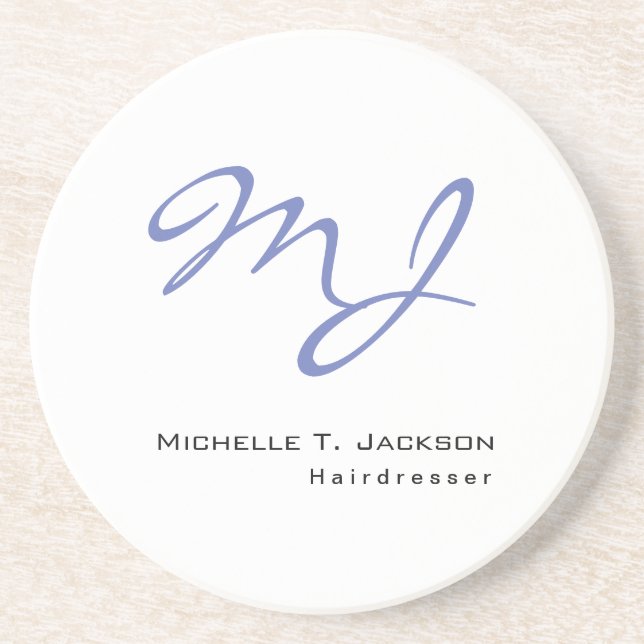 Dessous De Verre En Grès Moderne et élégant Monogramme Bleu Coiffeur blanc (Devant)