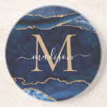 Dessous De Verre En Grès Moderne Marine Blue Gold Agate Géode Parties scint<br><div class="desc">Glam Moderne Marine Bleu Parties scintillant or étincelant Agate Géode pierre Élégante Feminine Monogramme Nom du script Dessous de verre</div>