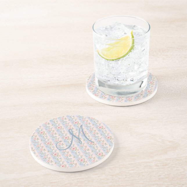 Dessous De Verre En Grès Monogram Initial Pink Blue Striped Floral Roses  (Côté)