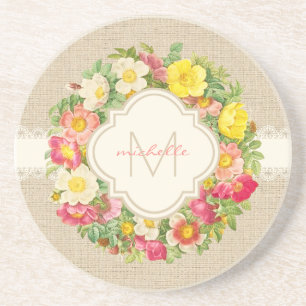 Dessous De Verre En Grès Monogram Vintage Roses Wreath Sandstone Coaster
