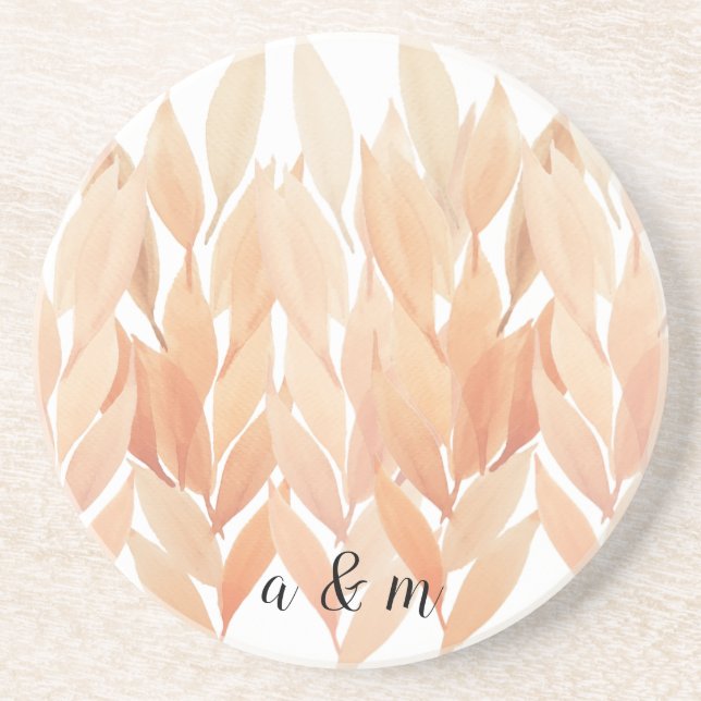 Dessous De Verre En Grès Monogramme Aquarelle Feuillage de Corail (Devant)
