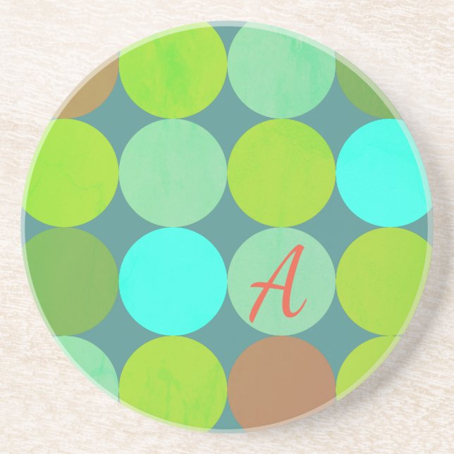 Dessous De Verre En Grès Monogramme Cercles Vert Citron Turquoise & Rouille (Devant)