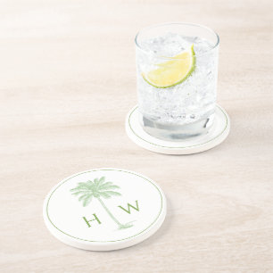 Dessous De Verre En Grès Monogramme d'arbre de palmier vert et blanc Palmet