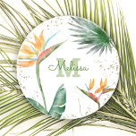Dessous De Verre En Grès Monogramme de feuillage floral tropical Or blanc<br><div class="desc">Apportez un peu d'élégante hospitalité tropicale dans votre maison chaque fois que vous vous détendez avec votre boisson préférée avec ce dessous de verre de grès monogramme moderne et chic. D'étonnants oiseaux d'aquarelle tropicaux, sophistiqués, colorés, de fleurs de paradis, de parties scintillant faux or, et de script de calligraphie personnalisée...</div>