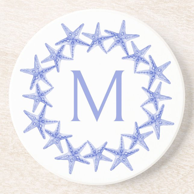 Dessous De Verre En Grès Monogramme de gerbe de poisson étoilé bleu et blan (Devant)