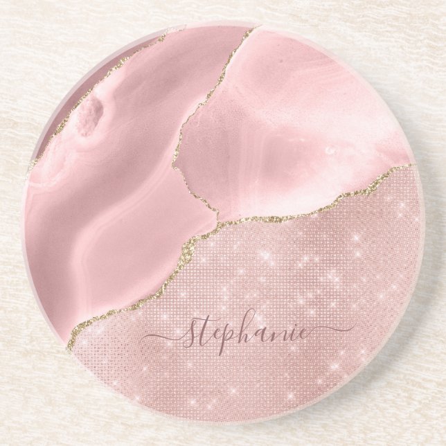 Dessous De Verre En Grès Monogramme de glam étincelant rose pâle (Devant)