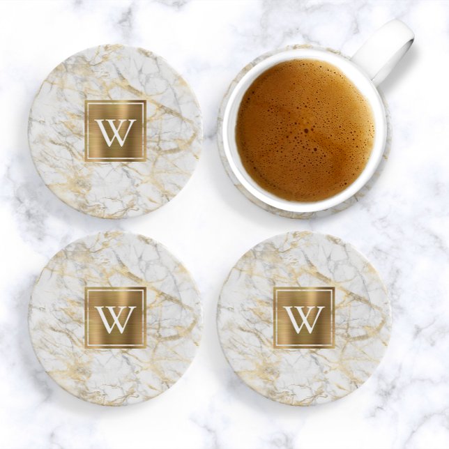 Dessous De Verre En Grès Monogramme de marbre faux blanc et or élégant (Créateur téléchargé)