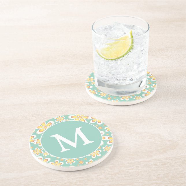 Dessous De Verre En Grès Monogramme de Motif turquoise et jaune à ressort (Côté)