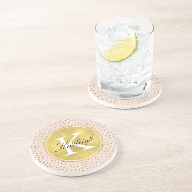 Dessous De Verre En Grès Monogramme de points de confettis de pêche et d'or (Côté)