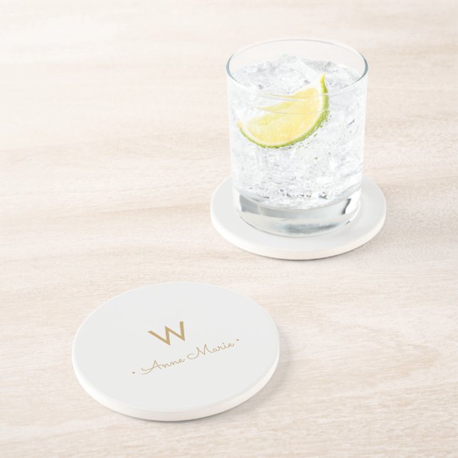 Dessous De Verre En Grès Monogramme de script or gris clair moderne (Côté)