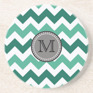 Dessous De Verre En Grès Monogramme de Turquoise et Mint Chevron Zigzag